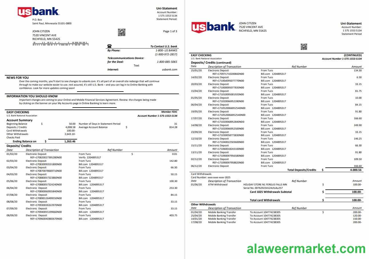 USA U.S. bank statement 3 pages